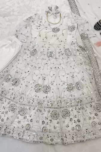 white embroidered georgette anarkali suit set for festive wear