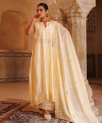 cream embroidered chanderi kurta pant set with dupatta
 1