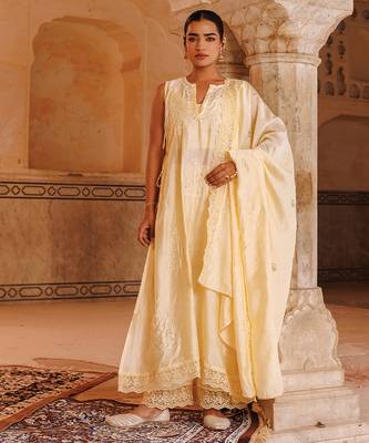 cream embroidered chanderi kurta pant set with dupatta
 2
