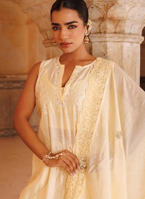 cream embroidered chanderi kurta pant set with dupatta
 3