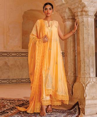 pastel orange embroidered chanderi kurta pant set 1
