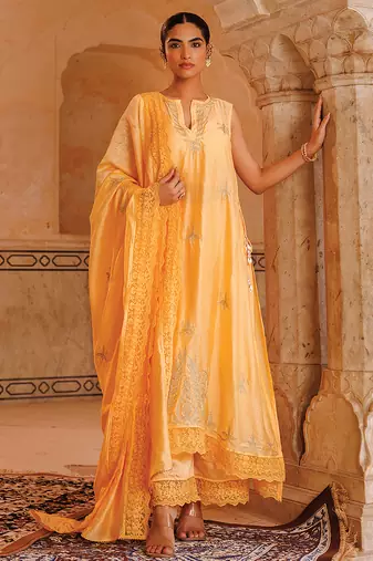 Pastel orange embroidered chanderi kurta set