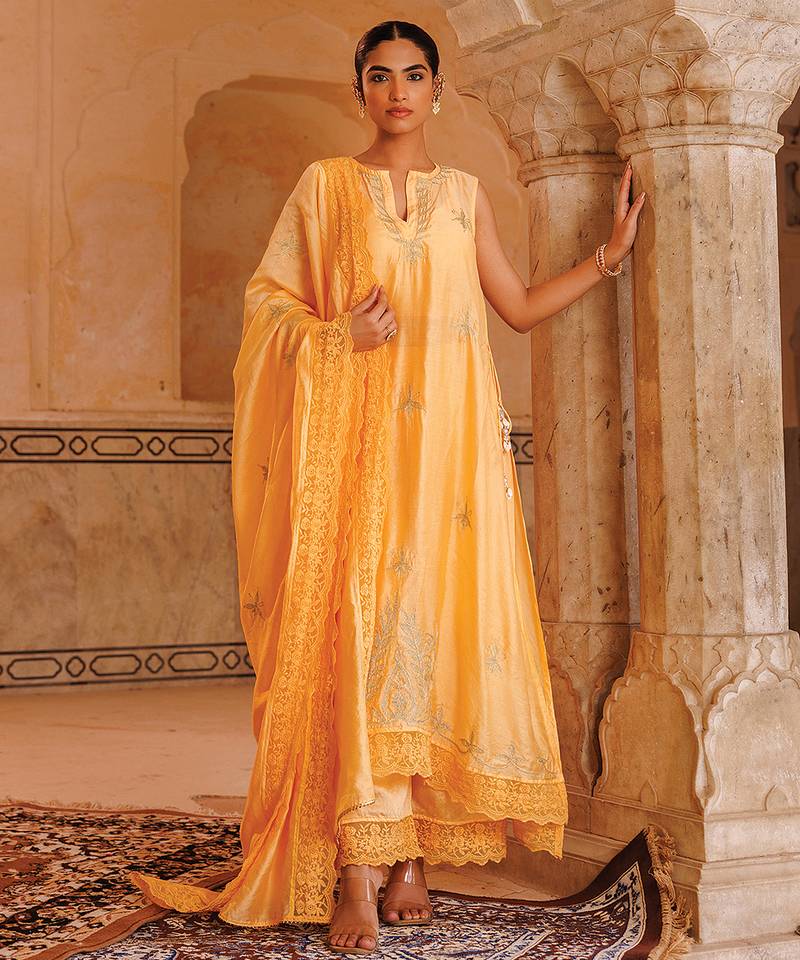 Pastel orange embroidered chanderi kurta set