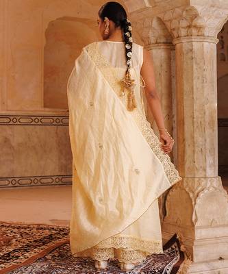 cream embroidered chanderi kurta pant set with dupatta
 4