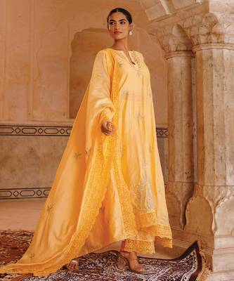 pastel orange embroidered chanderi kurta pant set 2