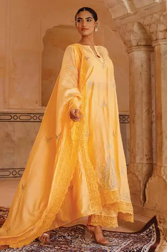 pastel orange embroidered chanderi kurta pant set