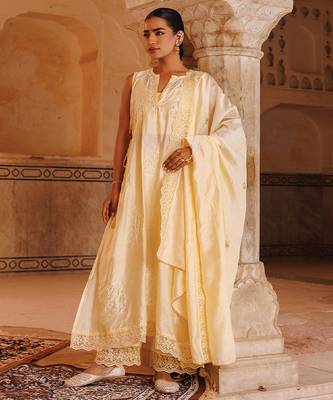cream embroidered chanderi kurta pant set with dupatta
 5