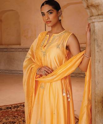 pastel orange embroidered chanderi kurta pant set 3