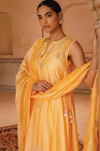 pastel orange embroidered chanderi kurta pant set