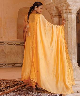 pastel orange embroidered chanderi kurta pant set 4