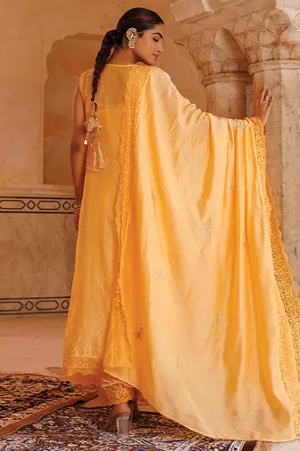 pastel orange embroidered chanderi kurta pant set
