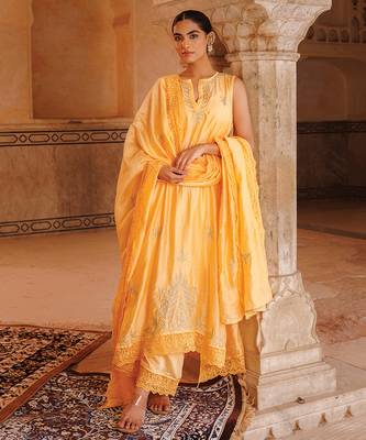 pastel orange embroidered chanderi kurta pant set 5