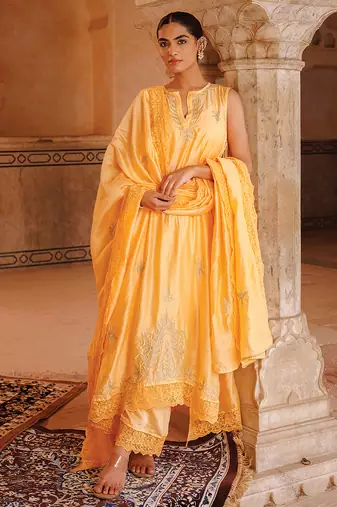 pastel orange embroidered chanderi kurta pant set