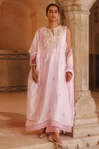 pink embroidered chanderi kurta pant set with dupatta