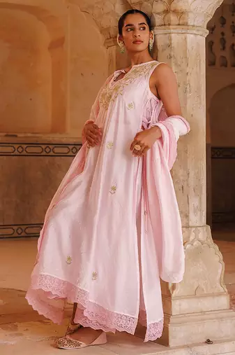 pink embroidered chanderi kurta pant set with dupatta
