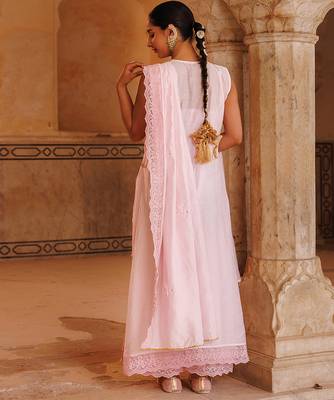 pink embroidered chanderi kurta pant set with dupatta 4