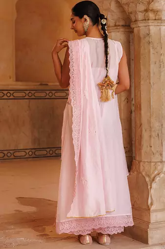 pink embroidered chanderi kurta pant set with dupatta