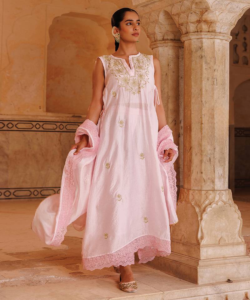 Pink embroidered chanderi kurta set