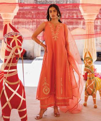 orange embroidered chanderi kurta set with dupatta 1
