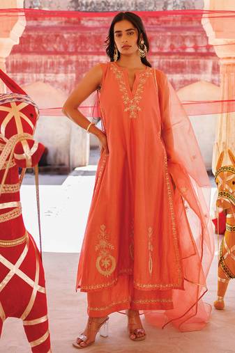 Orange embroidered chanderi kurta set