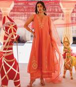 Orange embroidered chanderi kurta set