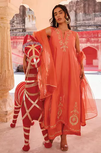 orange embroidered chanderi kurta set with dupatta