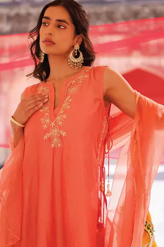 orange embroidered chanderi kurta set with dupatta