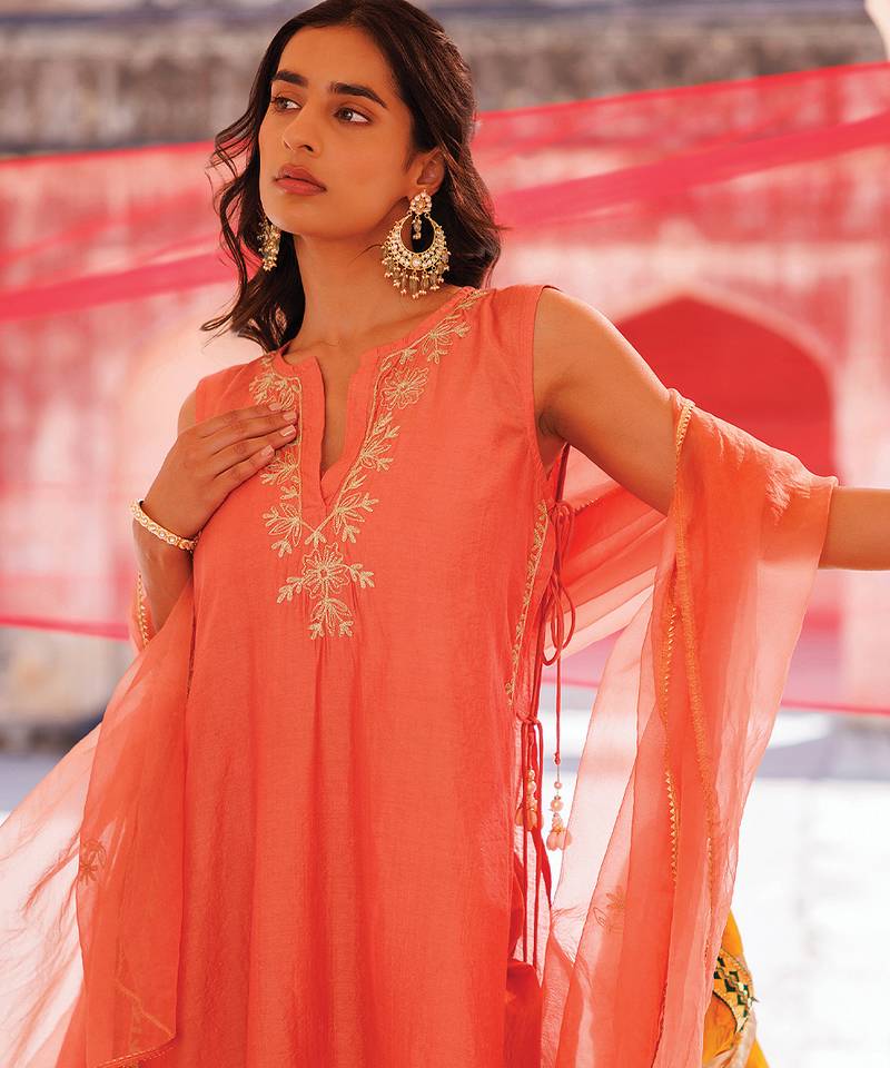 Orange embroidered chanderi kurta set