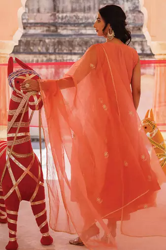 orange embroidered chanderi kurta set with dupatta