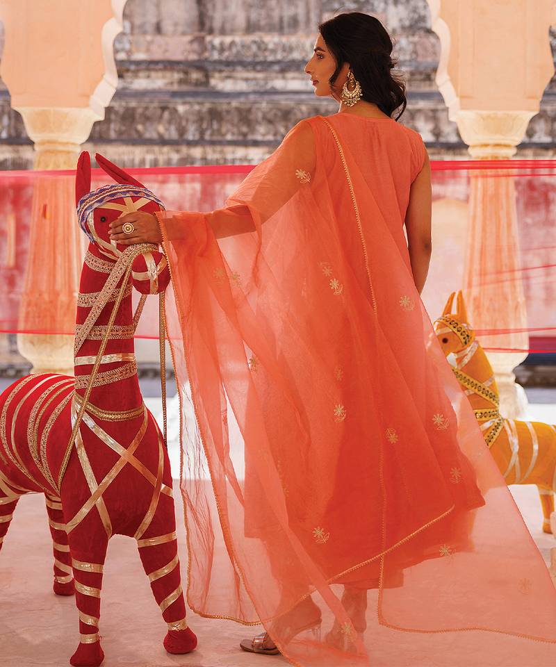 Orange embroidered chanderi kurta set
