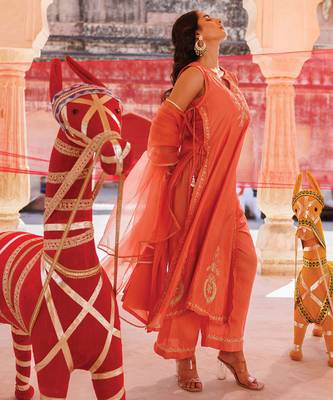 orange embroidered chanderi kurta set with dupatta 5
