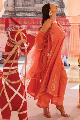 orange embroidered chanderi kurta set with dupatta