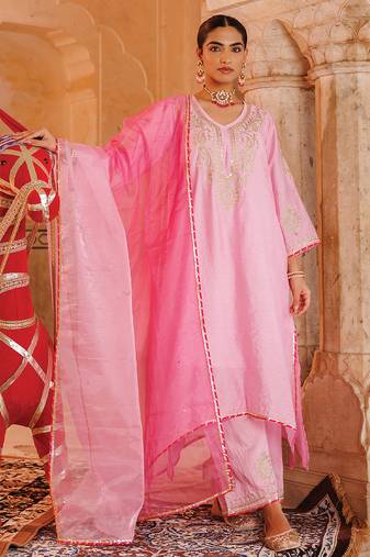 Pink embroidered chanderi kurta set
