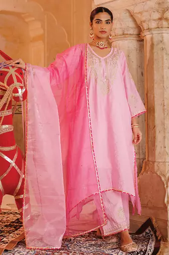 Pink embroidered chanderi kurta set