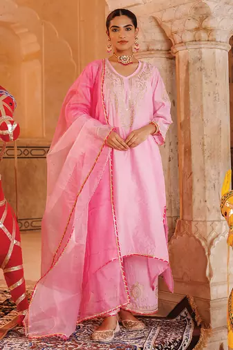 festive pink embroidered chanderi kurta set with dual tone dupatta