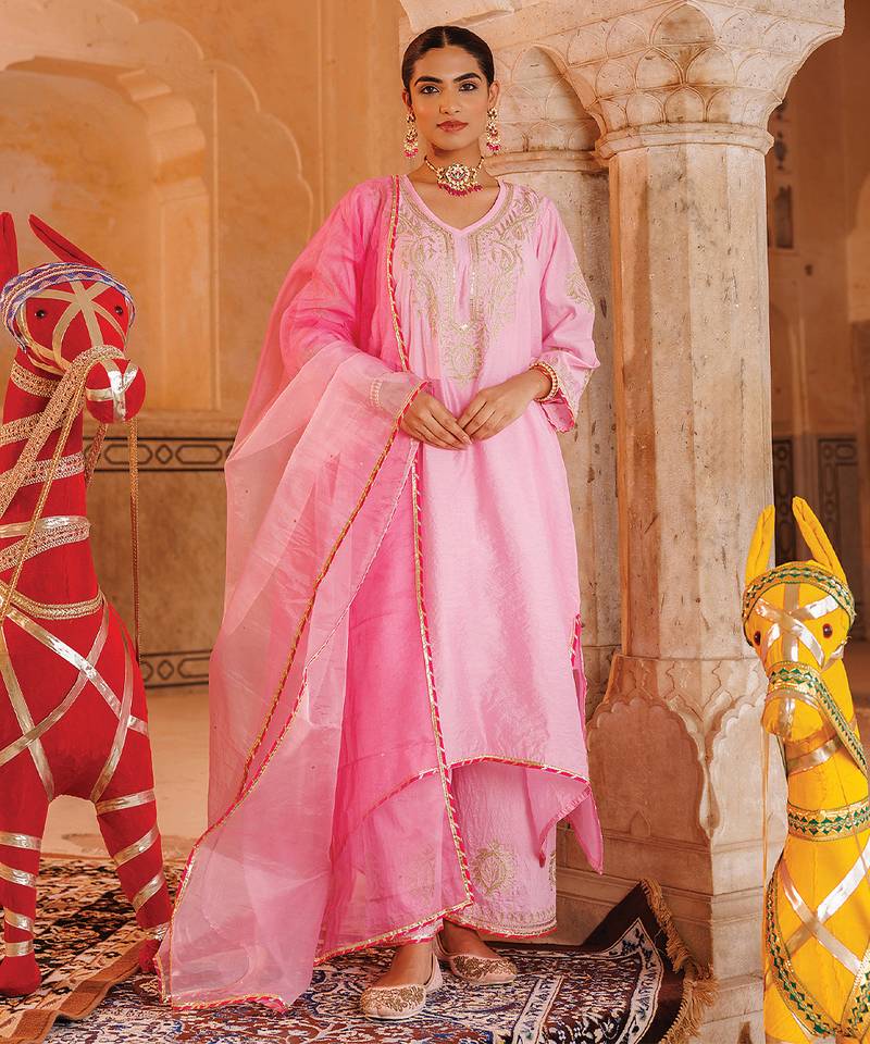 Pink embroidered chanderi kurta set