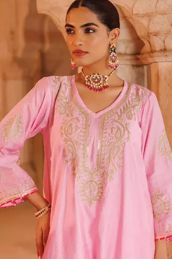 festive pink embroidered chanderi kurta set with dual tone dupatta