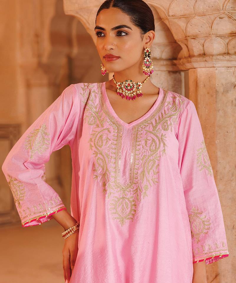 Pink embroidered chanderi kurta set
