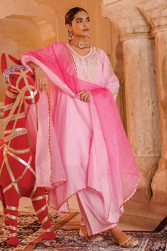festive pink embroidered chanderi kurta set with dual tone dupatta