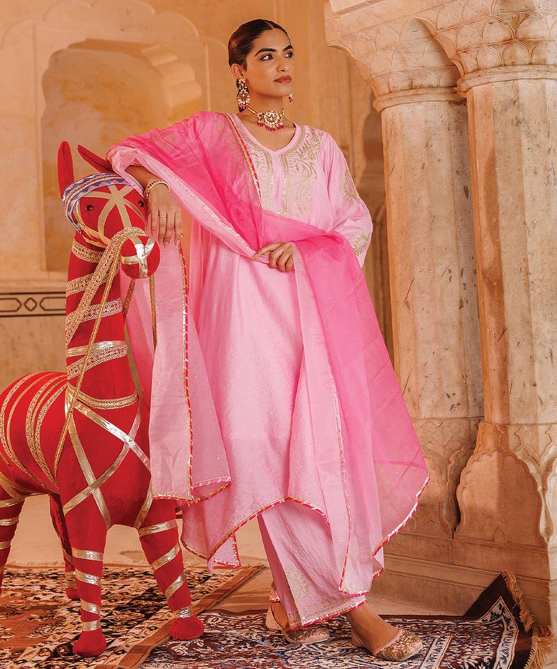 Pink embroidered chanderi kurta set