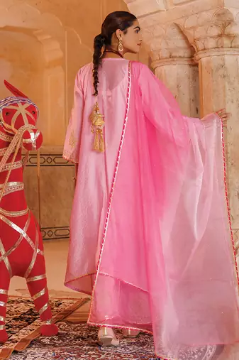 festive pink embroidered chanderi kurta set with dual tone dupatta