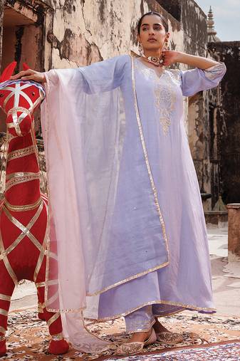 Lavender embroidered chanderi kurta set