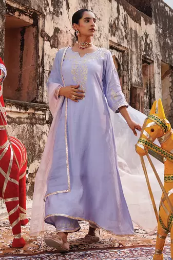 festive lavender embroidered chanderi kurta set with dual tone dupatta