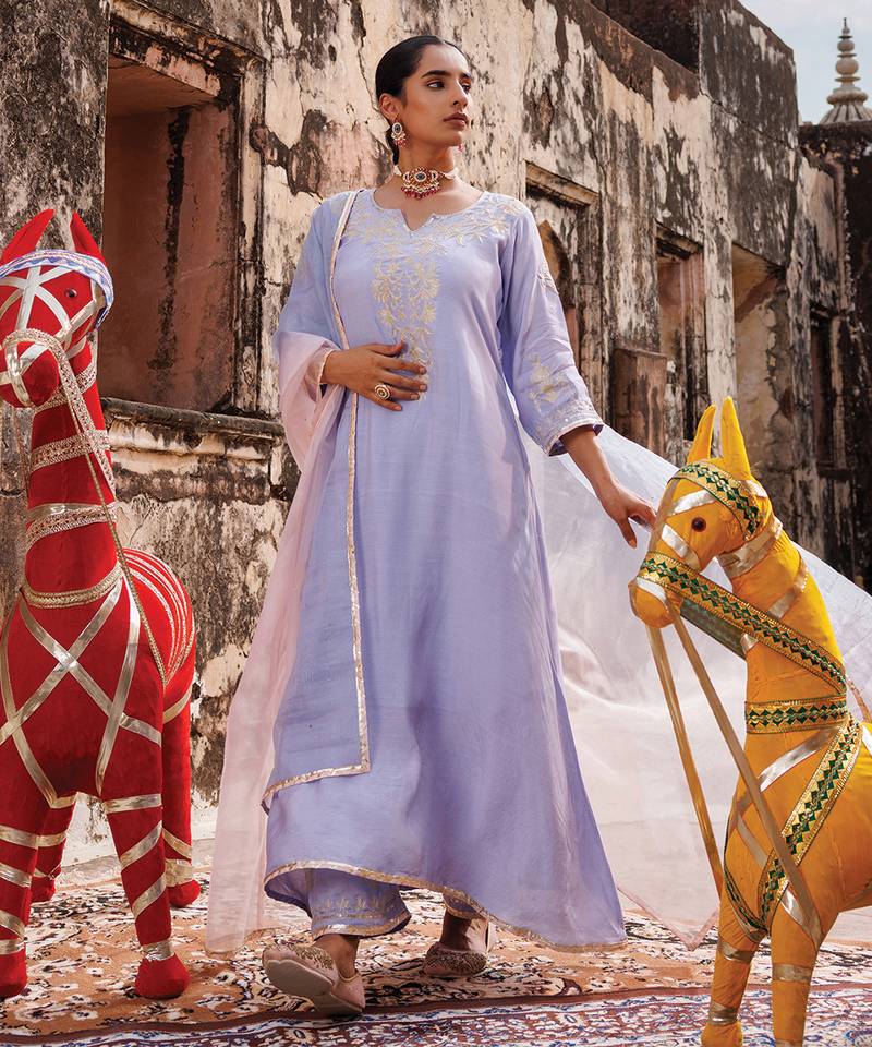 Lavender embroidered chanderi kurta set