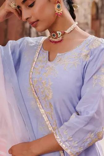festive lavender embroidered chanderi kurta set with dual tone dupatta