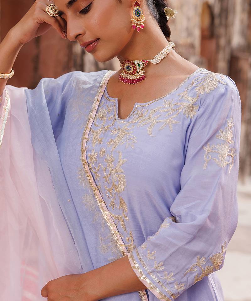 Lavender embroidered chanderi kurta set