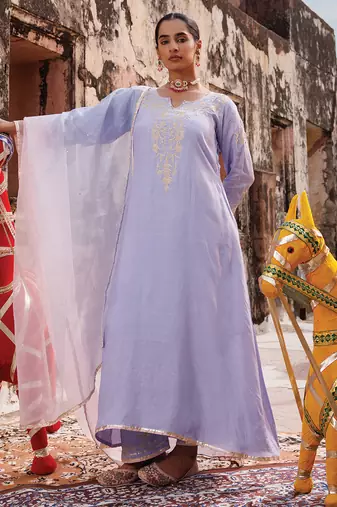 festive lavender embroidered chanderi kurta set with dual tone dupatta