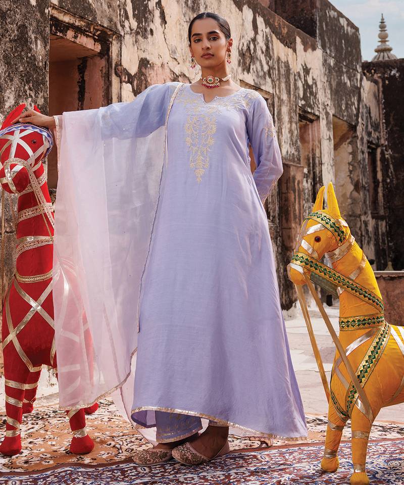 Lavender embroidered chanderi kurta set