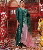 Dark Green embroidered chanderi kurta set with dual shaded - dupatta 