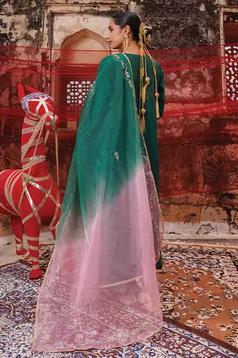 dark green embroidered chanderi kurta pant set with dual tone dupatta